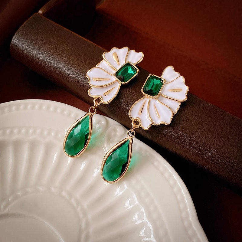 Oil Dripping Flower Emerald Water Drop Earrings